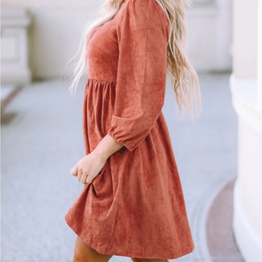 *Host Pick!๐ Brown Boho Suede Square Neck Mini Swing Dress with Square Neckline - Picture 4 of 15